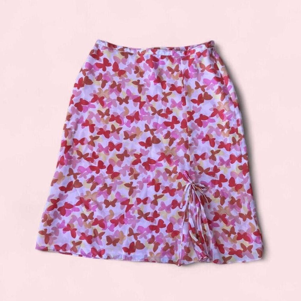 Vintage Y2K Pink Butterfly Print Ruched Slit Midi Skirt Womens XS/S